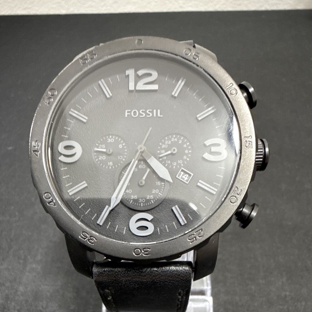 Mens Fossil Nate JR-1354 50mm Case New Battery 24mm Black Leather 7.5” Wrist
